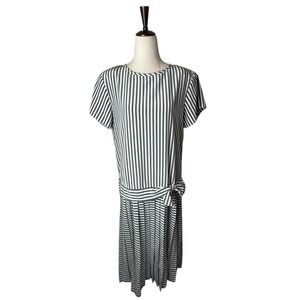 Albert Nipon Vintage Executive Dress Women 12 Gray Stripe Tie Waist Pleated Midi